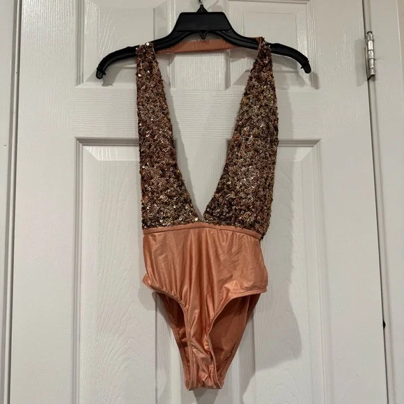 LN LuLu’s Out From Under Gold Sequin Deep Plunging Bodysuit S Small glitter - Picture 2 of 6